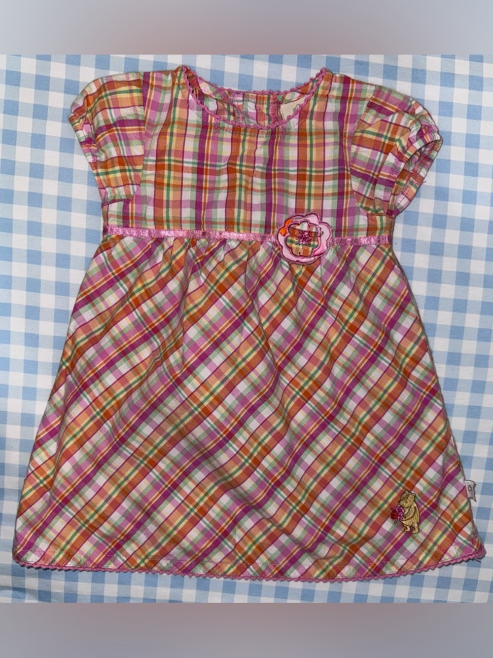 Vintage Classic Pooh Girls Pink & Orange Plaid Summer Dress 12 months